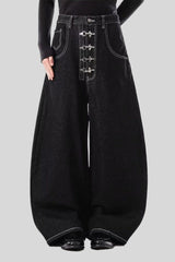Deep Wash Draped Wide Leg Denim Jeans