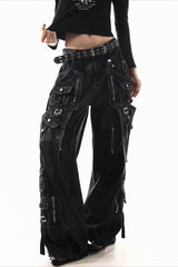 Deconstructed Buckle Cargo Wide Leg Jeans