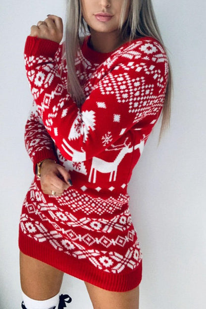 Christmas Themed Versatile Knit Long Sleeve Sweater Dress