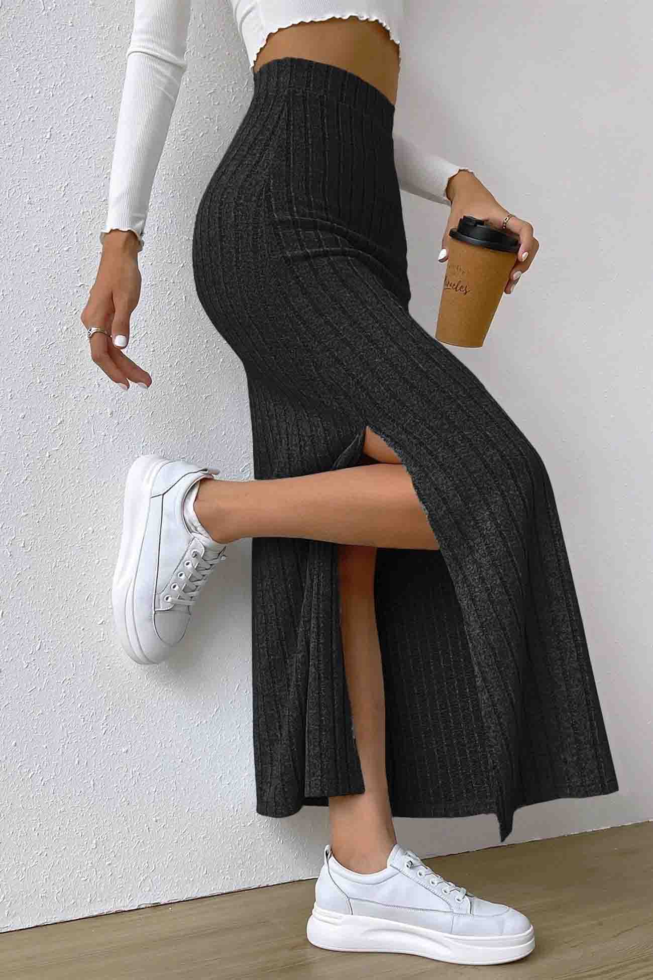 Solid Color Slit Knitted Skirt