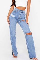 Ripped Slit High Waist Flared Jeans