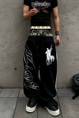 Leopard Double Waist Typography Wide Leg Sweatpants