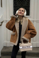 Lapel Faux Suede Shearling Coat