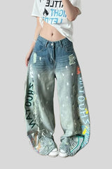 Graffiti Print Distressed Wide Leg Jeans