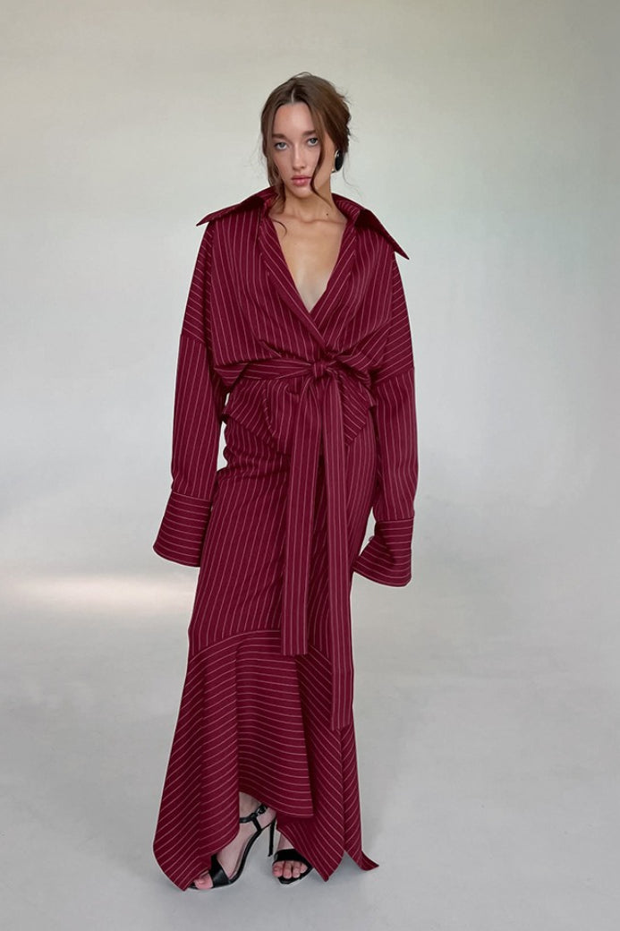 Shirt Style Striped V-Neck Tie Fitted Waist Maxi Dress