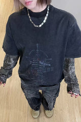 Washed Typography Camo Layered Long Sleeve T-Shirt