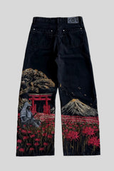 Mount Fuji Landscape Embroidered Wide Leg Jeans
