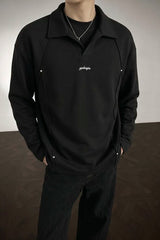 Studded Polo Collar Relaxed Fit Pullover Sweatshirt