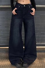 Colorful Slogan Printed Wide Leg Denim Jeans