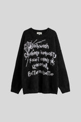 Fuzzy Typography Relaxed Crew Neck Sweater