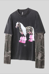 Horse Graphic Camo Layered Long Sleeve T-Shirt