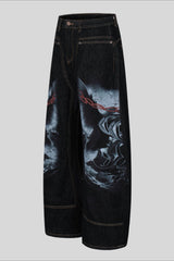 Dragon Illustration Washed Wide Leg Jeans
