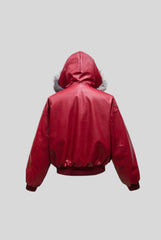 Fur Hood PU Leather Cropped Zip Coat