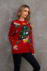 Christmas Cozy Color Block Xmas Tree Print Sweater
