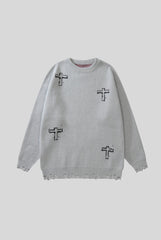 Gothic Cross Typography Distressed Sweater
