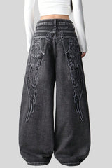 Wing Embroidered Baggy Wide Leg Jeans