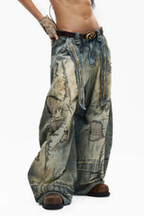 Distressed Stitch Embroidered Baggy Barrel Jeans