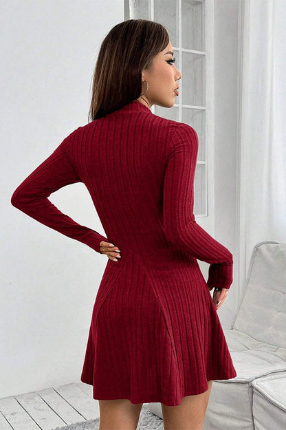 Slim Mock Neck Ribbed Waist-Cinched A Line Sweater Dress