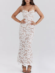 Stylish Sexy Lace Charming Halter See-Through Midi Dress