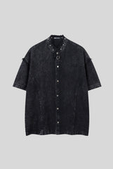 Studded Distressed Denim Short Sleeve Shirt