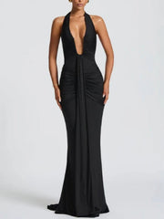 Solid Color Halter Neck V-Neck Backless Fishtail Party Dress