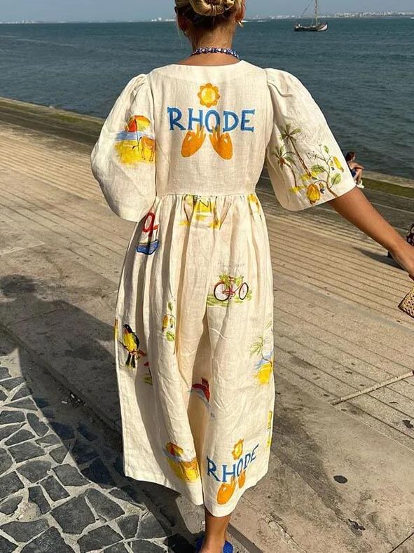 Unique Holiday Folk Floral Graceful Print Puff Sleeve Midi Dress
