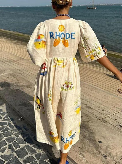 Unique Holiday Folk Floral Graceful Print Puff Sleeve Midi Dress