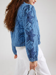 Long Sleeve Button Blue Embroidered Cropped Jacket