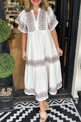 ESTELLA - GEOMETRIC PATCHWORK V-NECK A-LINE DRESS