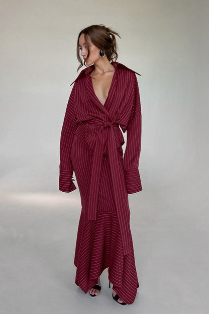 Shirt Style Striped V-Neck Tie Fitted Waist Maxi Dress