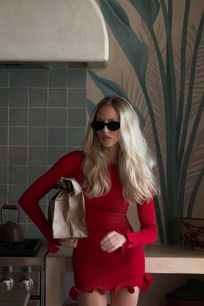 Solid Long Sleeve Crew Neck Ruffled Fitted Waist Sweater Dress