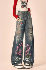 Graffiti Print Baggy Wide Leg Denim Jeans