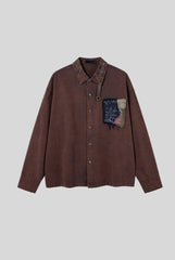 Leather Strap Patchwork Denim Long Sleeve Shirt
