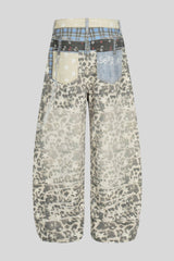 Leopard Double Waist Barrel Leg Jeans