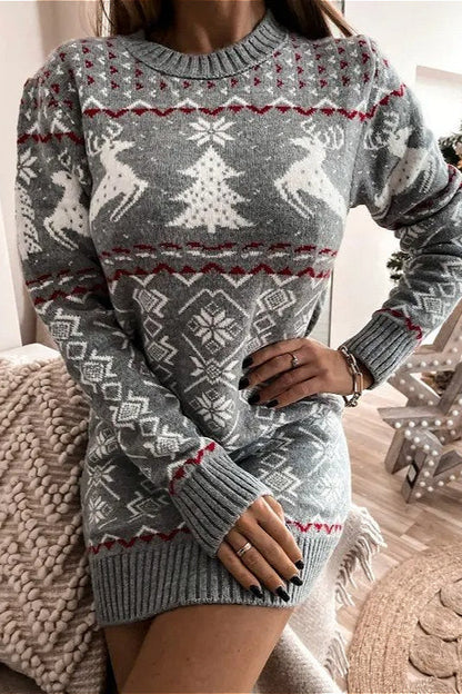 Knit Christmas Reindeer Color Block Sexy Fitted Mini Dress