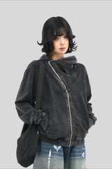 Asymmetric Zip Washed Hooded Coat