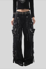 Deconstructed Buckle Cargo Wide Leg Jeans