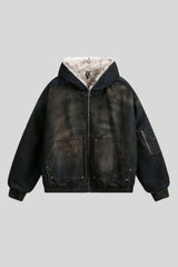 Washed Denim Faux Fur Lined Hooded Coat