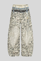 Leopard Double Waist Barrel Leg Jeans