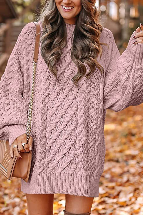 Relaxed Mock Neck Thick Knit Oversized Solid Sweater Dress