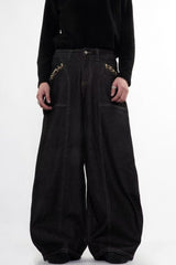 Gothic Cross Embroidered Baggy Barrel Jeans