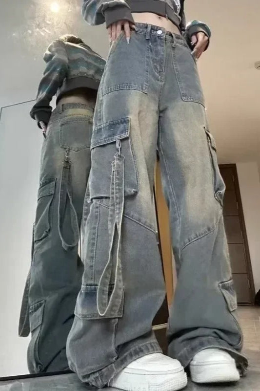 High Waist Spliced Pocket Cargo Jeans