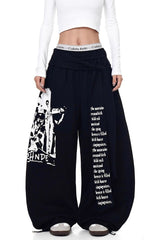 Layered Typography Ribbon Barrel Leg Sweatpants