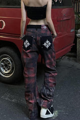 Washed Plaid Graphic Baggy Jeans