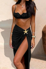 Starfish Detail Slit Skirt Three Piece Swim Set