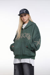 Applique Typography Suede Zip Hoodie