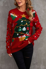 Christmas Cozy Color Block Xmas Tree Print Sweater