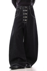 Deep Wash Draped Wide Leg Denim Jeans