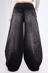 Wing Graphic Rhinestone Wide Leg Jeans