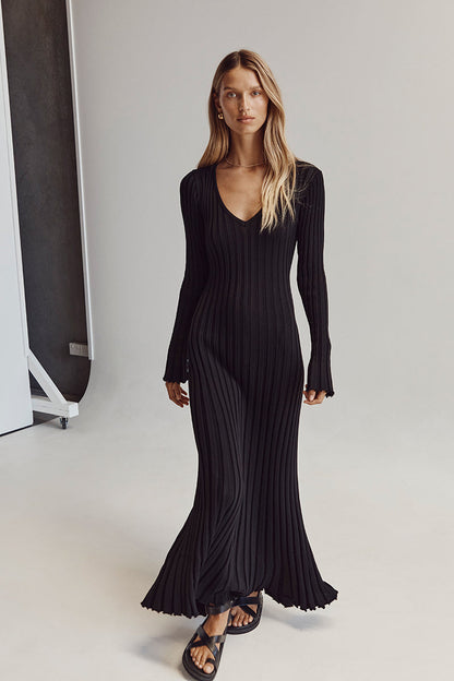 V-Neck Sleeved Knit Midi Dress - HELLA TREND